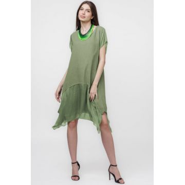 Rochie din in cu volan din matase naturala si colturi, kaki