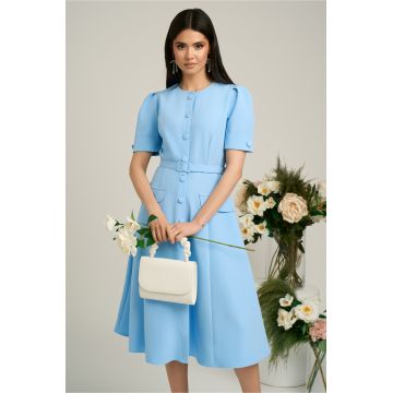 Rochie Dy Fashion bleu de zi cu nasturi si curea in talie