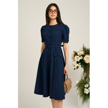 Rochie Dy Fashion bleumarin de zi cu nasturi si curea in talie