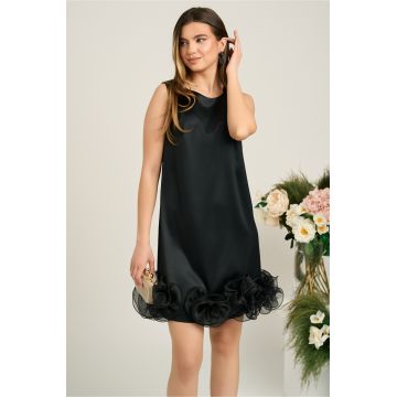 Rochie DY Fashion eleganta din satin neagra cu flori maxi din organza