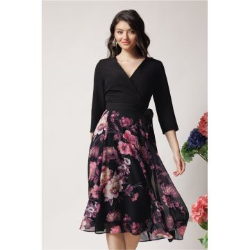 Rochie DY Fashion office din stofa si voal neagra cu imprimeu pe fusta