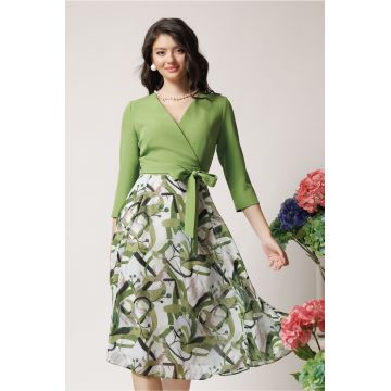 Rochie DY Fashion office din stofa si voal verde cu imprimeu pe fusta