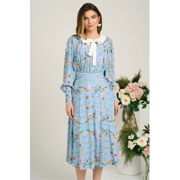 Rochie DY Fashion office din viscoza bleu cu imprimeuri si funda la decolteu