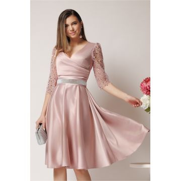Rochie Ella Collection Adria eleganta din tafta roz cu cordon in talie