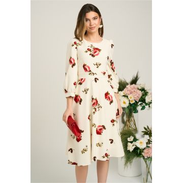 Rochie Ella Collection Dasha de zi din crep ivory cu flori rosii