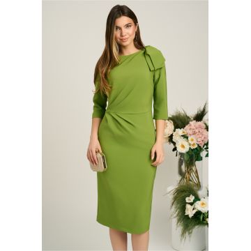Rochie LaDonna eleganta din stofa verde cu funda maxi pe umar si fronseu in talie