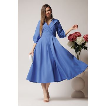 Rochie LaDonna office din stofa bleu cu bust petrecut si rever