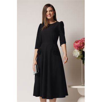 Rochie LaDonna office din stofa neagra cu flori maxi pe buzunare
