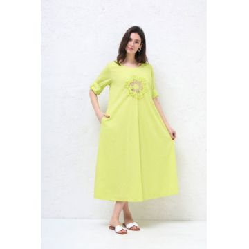 Rochie lunga A-line cu floare paiete aurii mate, din poplin de bumbac, verde lime