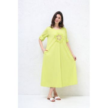 Rochie lunga A-line cu floare paiete aurii mate, din poplin de bumbac, verde lime