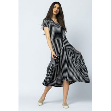 Rochie lunga in colturi, din tricot de bumbac, dungi bleumarin-alb
