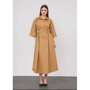 Rochie lunga tip camasa din poplin satinat de bumbac, camel