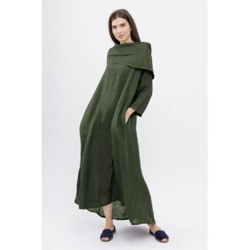 Rochie maxi,  A-line, din in, cu guler amplu, kaki