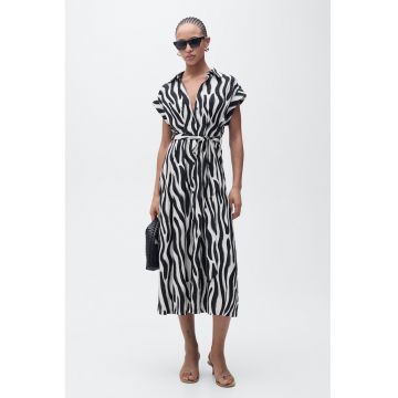 Rochie midi cu cordon in talie si imprimeu