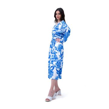 Rochie midi din print albastru cu corset