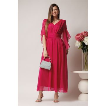 Rochie midi fucsia din voal cu decolteu