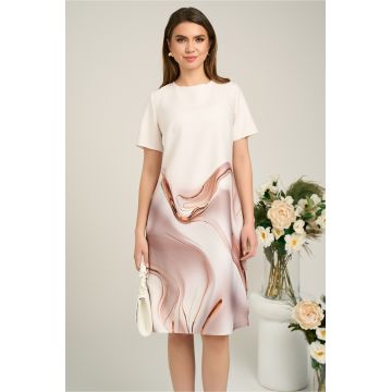 Rochie office din stofa bej cu imprimeu maro