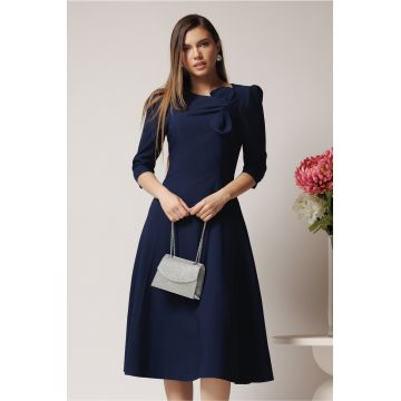 Rochie office din stofa bleumarin cu funda la bust
