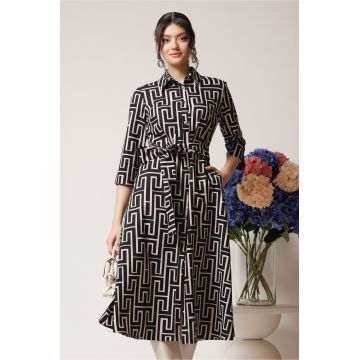 Rochie office din stofa neagra cu imprimeu ivory si cordon in talie