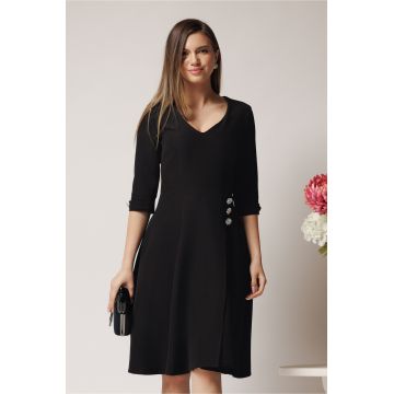 Rochie office din stofa neagra cu nasturi in talie
