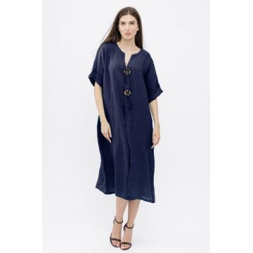 Rochie oversize din in, cu nasturi pe piept, bleumarin