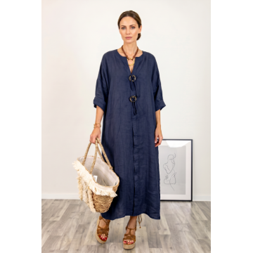 Rochie oversize din in, cu nasturi pe piept, bleumarin