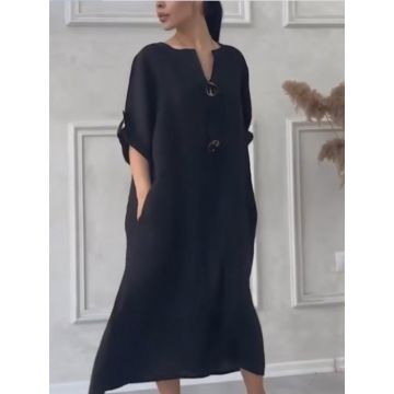 Rochie oversize din in, cu nasturi pe piept, neagra