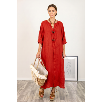 Rochie oversize din in, cu nasturi pe piept, rosie