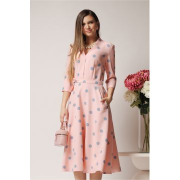 Rochie roz midi de zi cu buline gri si decolteu