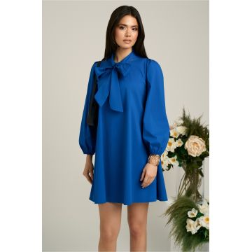 Rochie smart-casual din bumbac albastra cu funda
