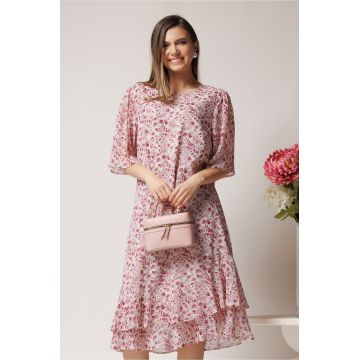 Rochie vaporoasa din voal ivory cu flori magenta