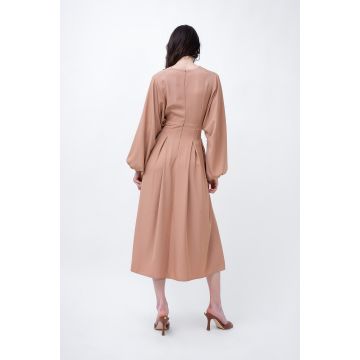 Beige Midi Dress With Balloon Sleeves And V-neck