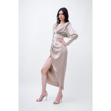 Beige Satin Midi Dress With Draping