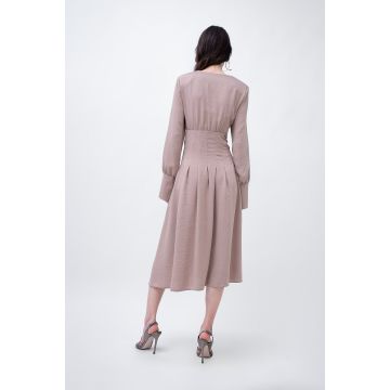 Midi beige dress with pleats and asymmetrical cut neck