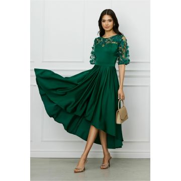 Rochie Brinda eleganta din tafta verde pin cu broderie 3D
