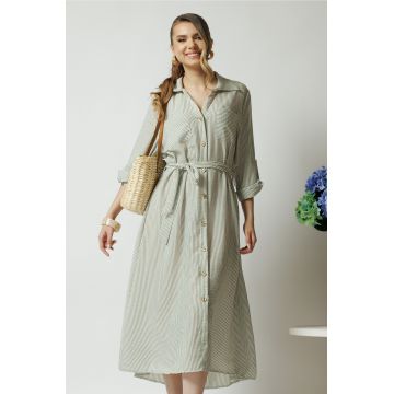 Rochie casual din panza ivory cu dungi kaki si nasturi
