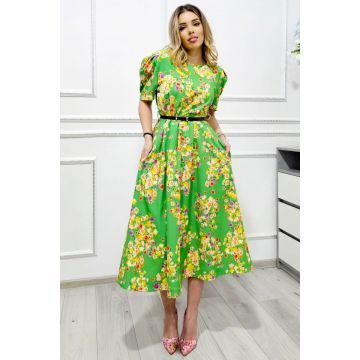 Rochie cu buzunare SOREYA, cu maneca bufanta si curea in ton, Verde Floral, Marimea S/M Rochie cu buzunare SOREYA, cu maneca bufanta si curea in ton, Verde Floral, Marimea S/M