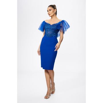 Rochie de ocazie din crepe cu dantela si volane din tull Elorra Albastra