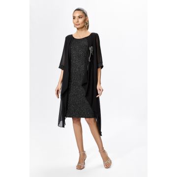 Rochie de ocazie din licra si voal cu aplicatie din strass-uri tip floare Helmina Neagra