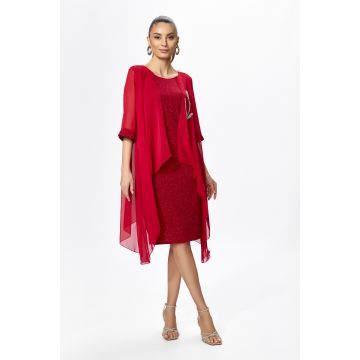 Rochie de ocazie din licra si voal cu aplicatie din strass-uri tip floare Helmina Rosie