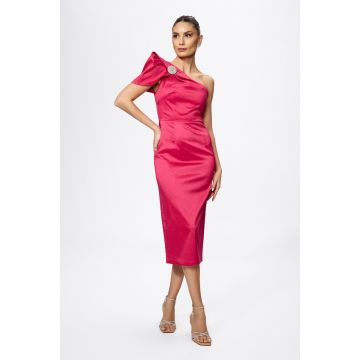 Rochie de ocazie din tafta satinata cu model one shoulder Tanja Fucsia
