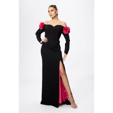 Rochie de ocazie premium cu trena si flori 3D la umeri Piacenza Neagra