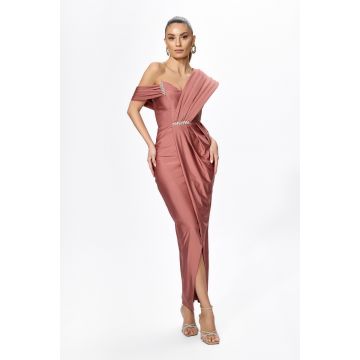 Rochie de ocazie premium din licra cu model petrecut si strass-uri Vivere Somon