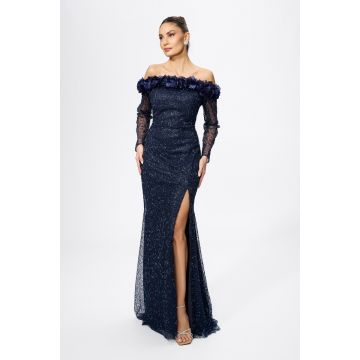 Rochie de ocazie premium din tull cu paiete si flori 3D Lucasta Bleumarin
