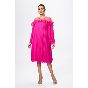 Rochie de ocazie premium din voal plisat cu brosa tip floare Marren Ciclam