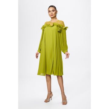 Rochie de ocazie premium din voal plisat cu brosa tip floare Marren Fistic