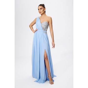 Rochie de ocazie premium tip one shoulder din voal Bella Vita Bleu