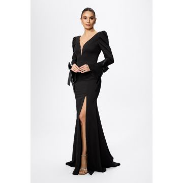 Rochie de ocazie premium tip sirena cu fundite la maneci Amati Neagra