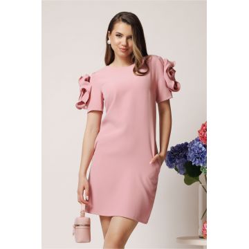 Rochie de ocazie roz cu flori maxi pe maneci