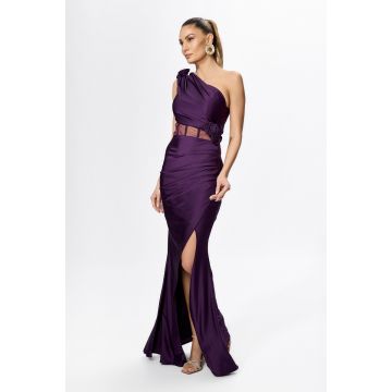 Rochie de ocazie tip sirena din licra cu flori 3D pe umari si talie Guadalupe Violet